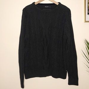 Grey Chunky Cable Knit Cotton Men's Sweater Large